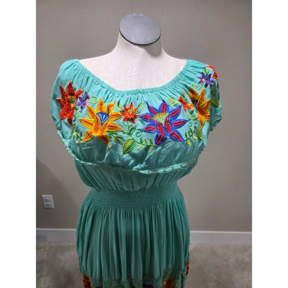 Mexican Boho Maxi Dress With Floral Embroidery & Lace Details Turquoise Color El - Picture 5 of 10
